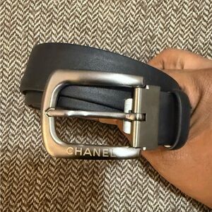 CHANEL Men’s Black Belt with Silver Buckle